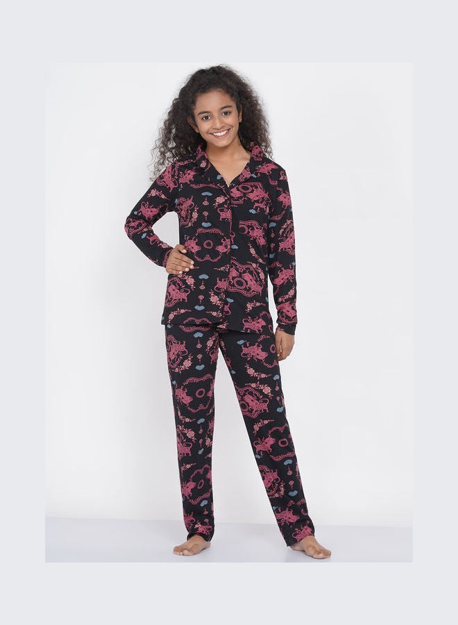 LAUREN Smith Girls Notched Collared Printed Pyjama Set Multicolour  - Image 1