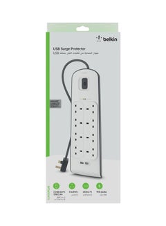 belkin 8-Outlet Surge Protector And 2-USB Ports With 2M Power Cord White 5.2x49.8x21.4cm  - Image 2