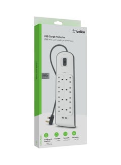 belkin 8-Outlet Surge Protector And 2-USB Ports With 2M Power Cord White 5.2x49.8x21.4cm  - Image 3