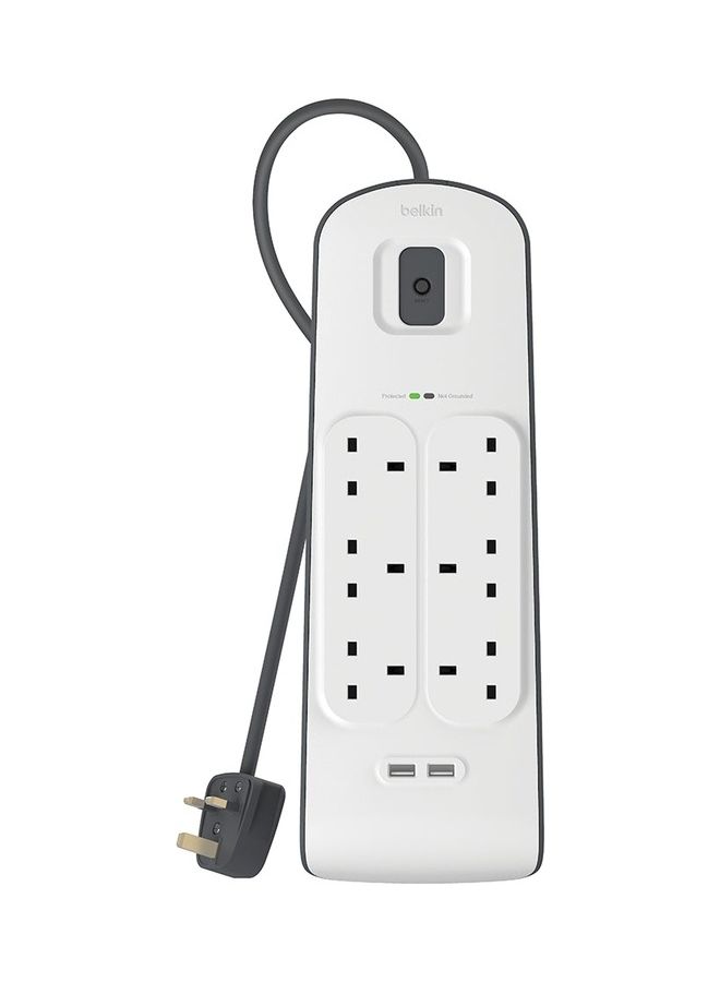 belkin 6-Outlet Surge Protector And 2-USB Ports With 2M Power Cord White 5.6x49.2x21cm  - Image 1