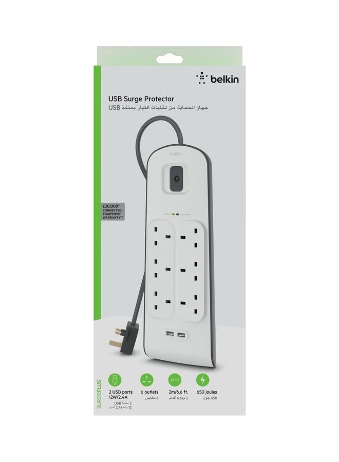 belkin 6-Outlet Surge Protector And 2-USB Ports With 2M Power Cord White 5.6x49.2x21cm  - Image 2