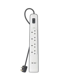 belkin 4-Outlet Surge Protector And 2-USB Ports With 2M Power Cord White 5.4x49.2x14cm  - Image 1