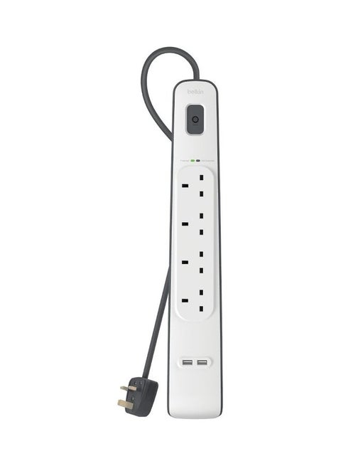 4-Outlet Surge Protector And 2-USB Ports With 2M Power Cord White 5.4x49.2x14cm