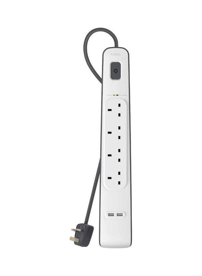 4-Outlet Surge Protector And 2-USB Ports With 2M Power Cord White 5.4x49.2x14cm