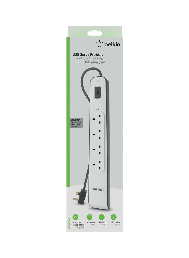 4-Outlet Surge Protector And 2-USB Ports With 2M Power Cord White 5.4x49.2x14cm