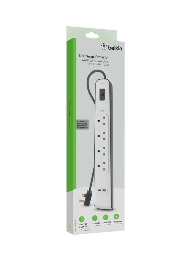 4-Outlet Surge Protector And 2-USB Ports With 2M Power Cord White 5.4x49.2x14cm