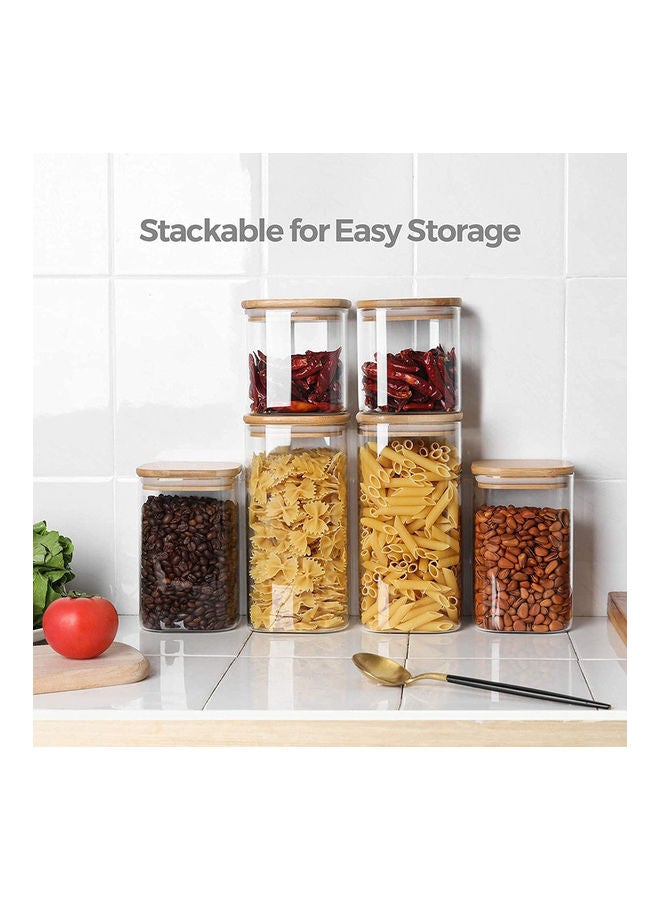 6-Piece Square Glass Food Storage Jar With Airtight Bamboo Lid Clear/Brown 550,750,1200ml - v1640496427/N52250859A_4