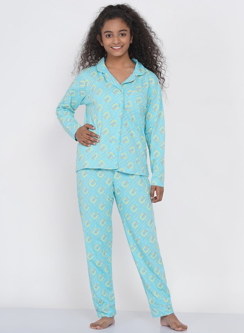 LAUREN Smith Girls Notched Collared Printed Pyjama Set Multicolour  - Image 1