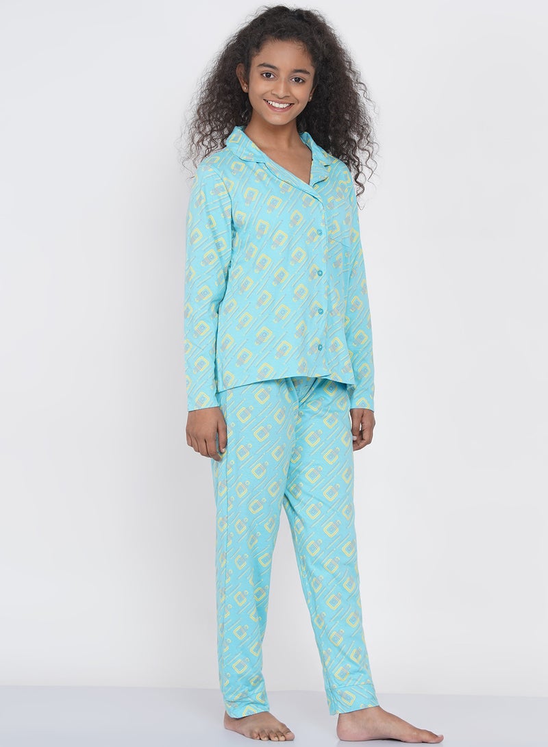 LAUREN Smith Girls Notched Collared Printed Pyjama Set Multicolour  - Image 3