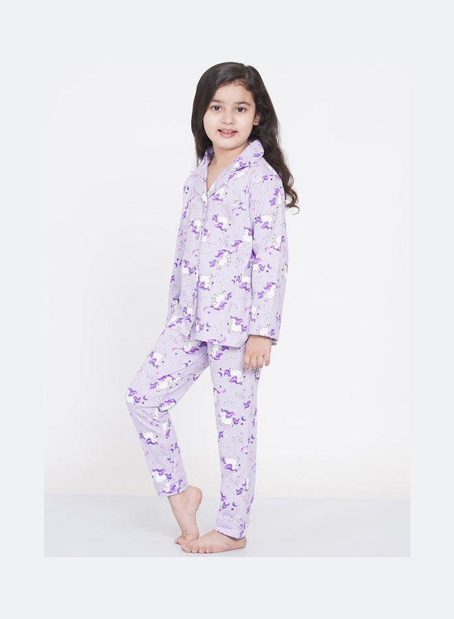 Girl's Notched Collared Printed Pyjama Set Multicolour - v1640518336/N52231353V_3