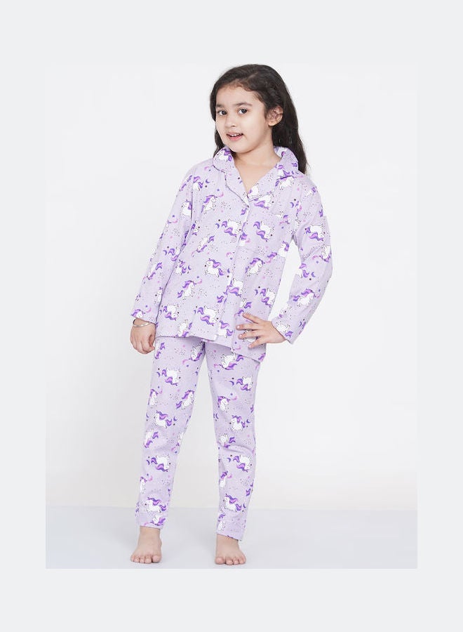 Girl's Notched Collared Printed Pyjama Set Multicolour - v1640518337/N52231353V_1