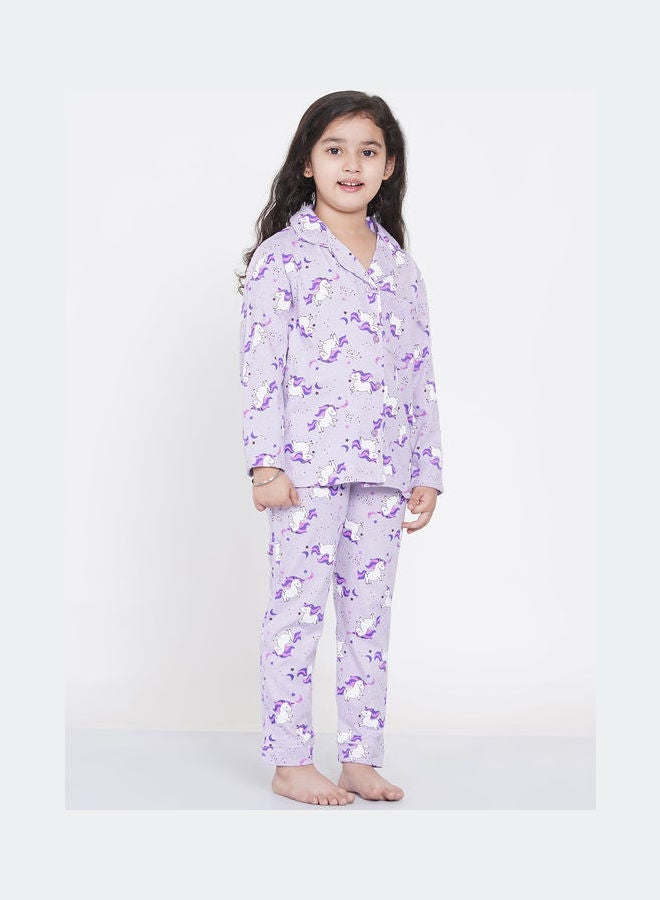 Girl's Notched Collared Printed Pyjama Set Multicolour - v1640518337/N52231353V_2