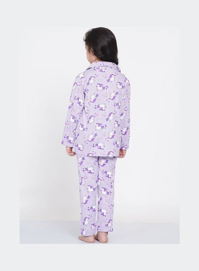 Girl's Notched Collared Printed Pyjama Set Multicolour - v1640518337/N52231353V_4