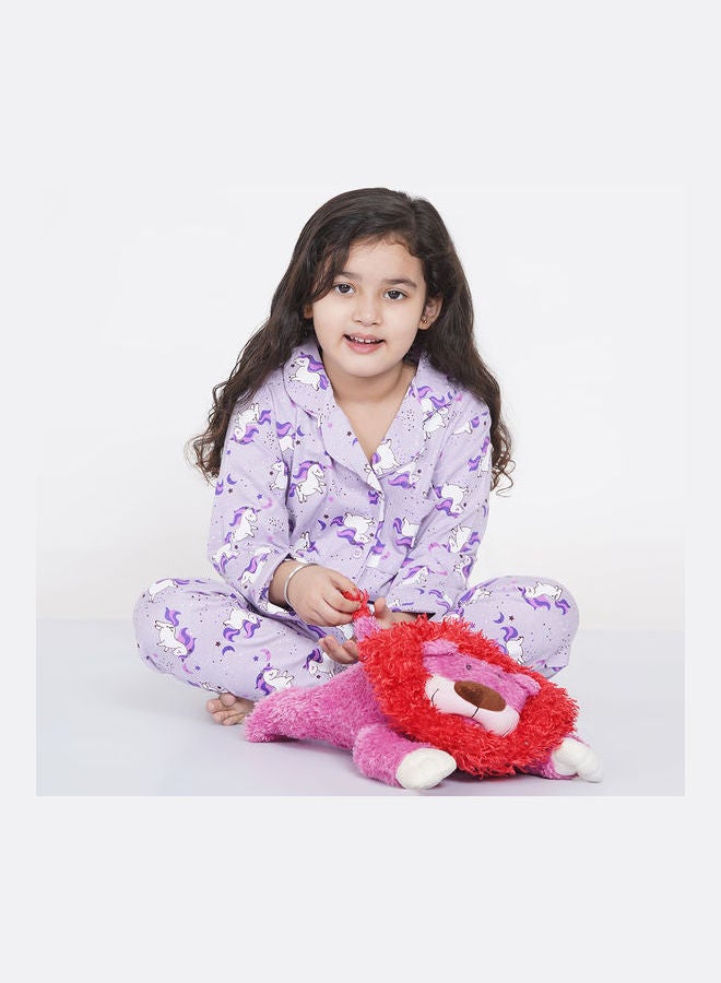 Girl's Notched Collared Printed Pyjama Set Multicolour - v1640518337/N52231353V_5