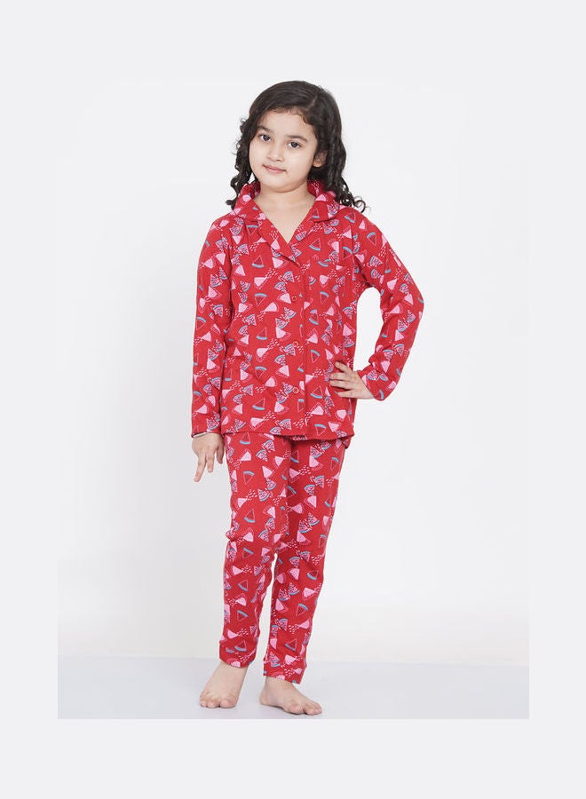 Girl's Notched Collared Printed Pyjama Set Multicolour - v1640518374/N52231365V_1