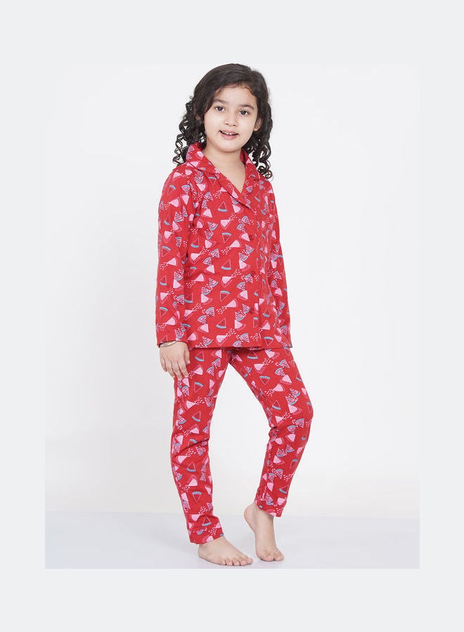 Girl's Notched Collared Printed Pyjama Set Multicolour - v1640518374/N52231365V_2