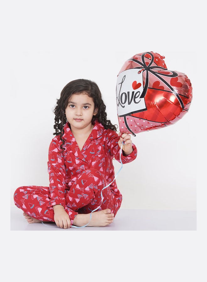 Girl's Notched Collared Printed Pyjama Set Multicolour - v1640518374/N52231365V_5