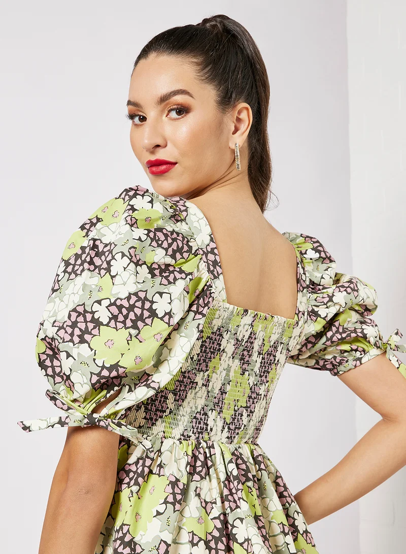 Ted Baker Floral Print Puff Sleeve Top Green