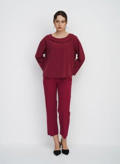 RAHA Layered Round Neck Long Sleeves Modest Top Maroon  - Image 1