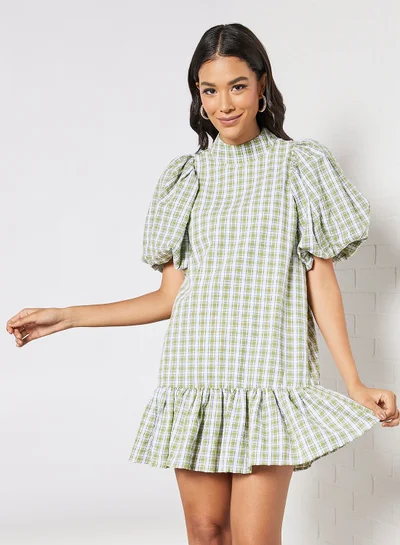 GHOSPELL Puff Sleeve Mini Dress Green