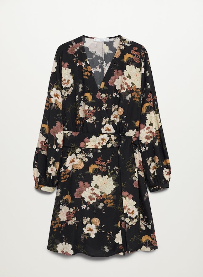 MANGO - Floral Printed Long Sleeve Wrap Mini Dress Multicolour - Image 1