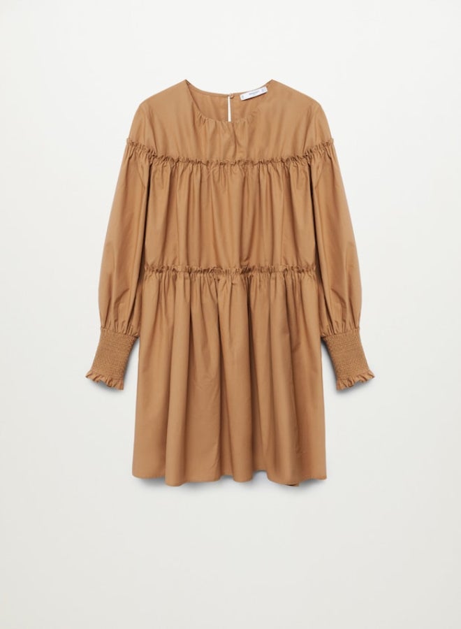 MANGO - Tiered Round Neck Mini Dress Brown - Image 1
