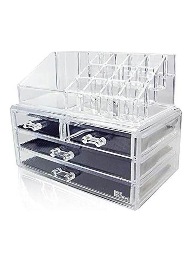 Acrylic Jewelry Cosmetic Makeup Storage Display Boxes Set, Jewelry And Cosmetic Storage Boxes With Brush Holder With 4 Drawer Set White - Image 1