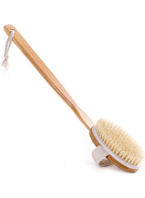 Bath Brush Long Wood Handle Reach Back Body Shower Bristle Scrubber Brown