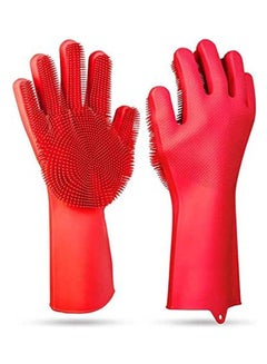 Reusable Silicone Dishwashing Gloves | Pair Of Rubber Scrubbing Gloves For Dishes | Wash Cleaning Gloves With Sponge Scrubbers For Washing Kitchen, Bathroom, Car And More Red 14.5inch