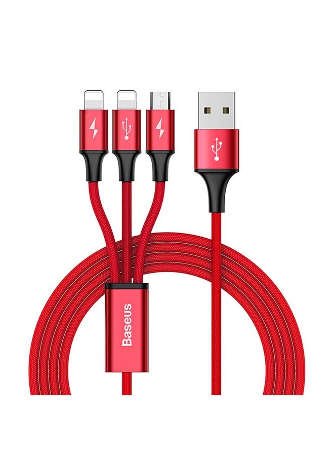 Baseus Rapid Series 3-in-1 Nylon Braided Cable Micro and Dual Lightning Charging Cable 3A 1.2M for iPhone 13 12 11 Pro Max Mini XS X 8 7 6 5 SE iPad, Huawei and more Red - Image 1