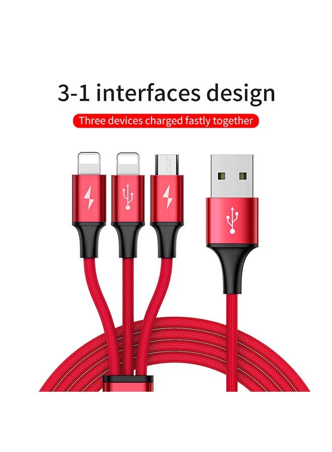 Baseus Rapid Series 3-in-1 Nylon Braided Cable Micro and Dual Lightning Charging Cable 3A 1.2M for iPhone 13 12 11 Pro Max Mini XS X 8 7 6 5 SE iPad, Huawei and more Red - Image 2