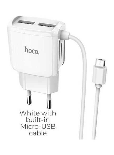 C59A Mega Joy Charger Eu Plug Double Usb Port And Built-In Wire For Micro-Mobile White