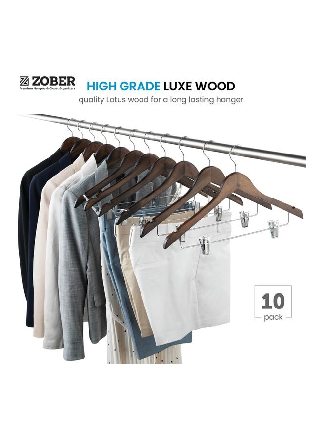 ZOBER 10-Piece  High Grade Wooden Pants Hanger With Metal Clips Brown Brown - Image 3