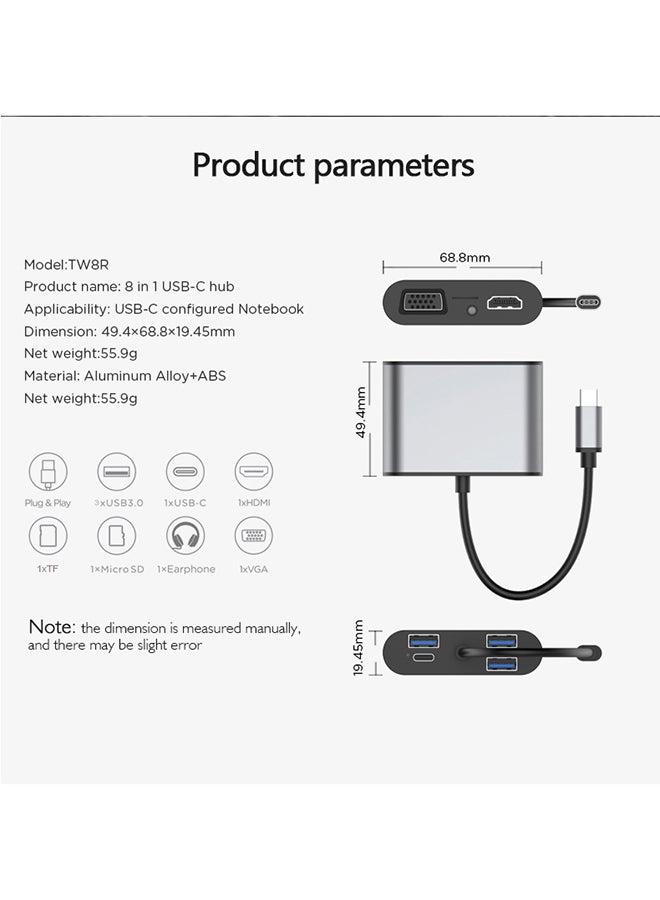 موزع 8 في 1 من منفذ نوع C إلى منفذ HDMI USB بدقة 4K رمادي - Image 4