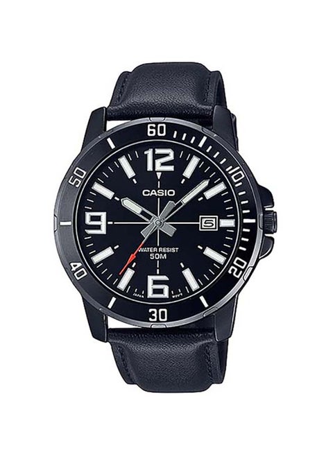 Men's Round Shape Leather Band Water Resistance Analog Wrist Watch MTP-VD01BL-1BVUDF - 45 mm - Black
