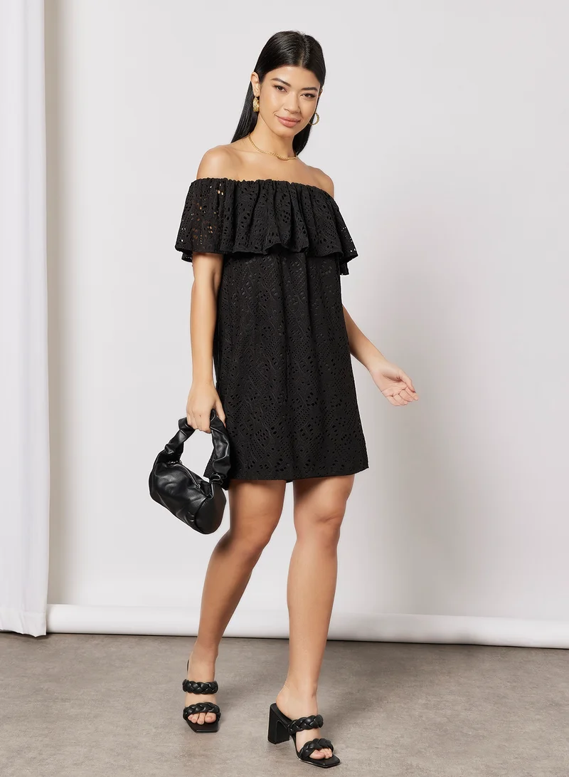 موهيتو Ruffled Off-Shoulder Dress Black