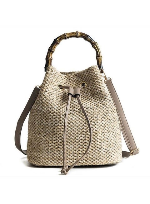 Boho Banboo Handle Shoulder Backpack Beige