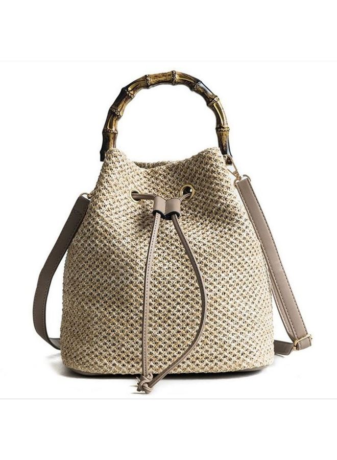 THE BLING STUDIO Boho Banboo Handle Shoulder Backpack Beige  - Image 1