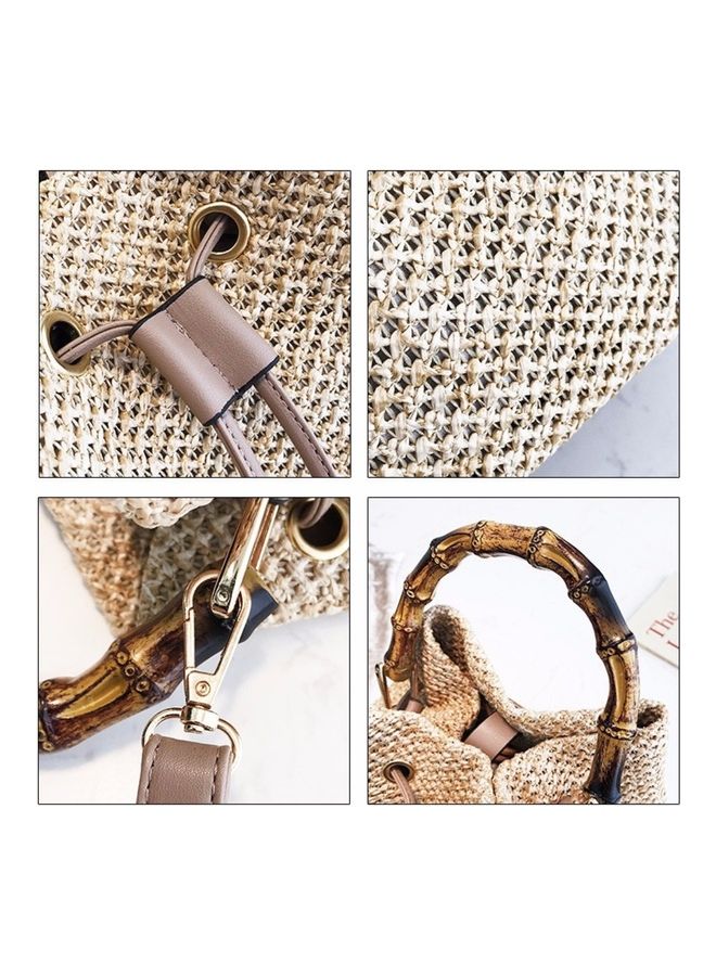 THE BLING STUDIO Boho Banboo Handle Shoulder Backpack Beige  - Image 3
