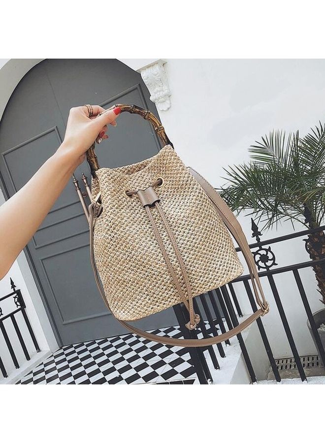 THE BLING STUDIO Boho Banboo Handle Shoulder Backpack Beige  - Image 4