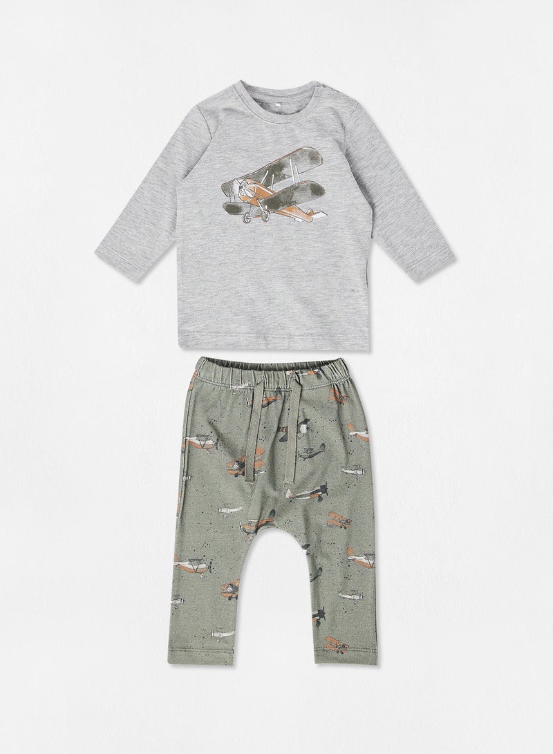 NAME IT - Baby Airplane Pants Set Grey - Image 1