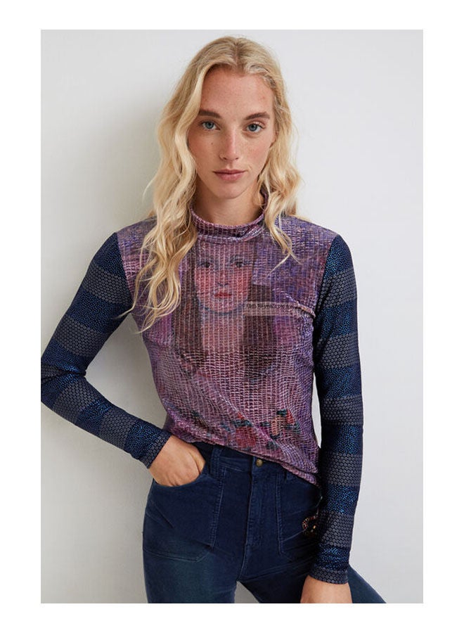 DESIGUAL - Casual Colour Blocked Long Sleeve High Neck T_Shirt Blue - Image 1