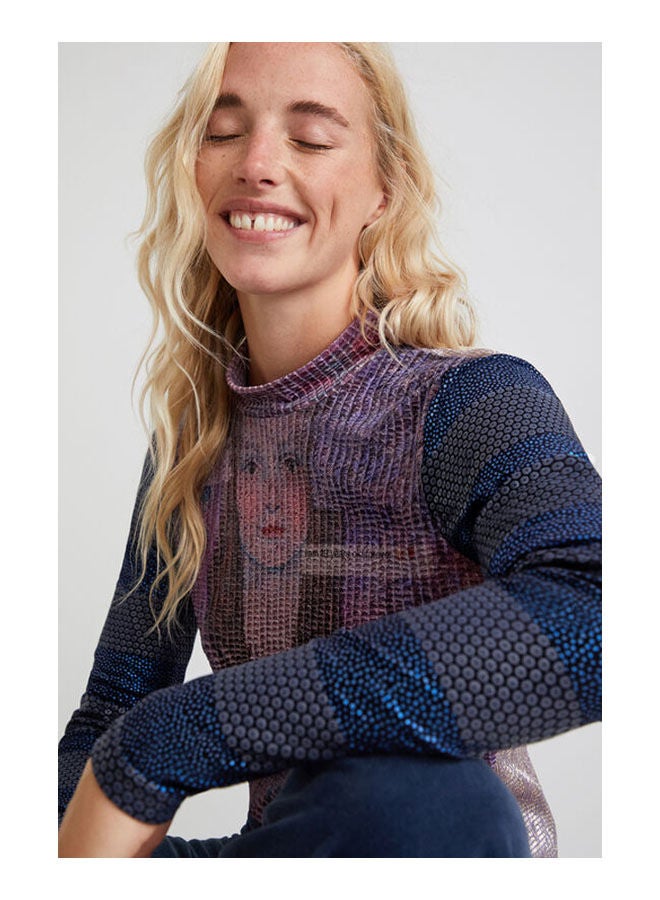 DESIGUAL - Casual Colour Blocked Long Sleeve High Neck T_Shirt Blue - Image 1