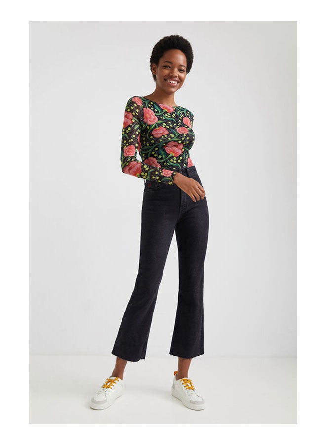DESIGUAL - Casual Floral Long Sleeve Cowl Neck T_Shirt Black - Image 1