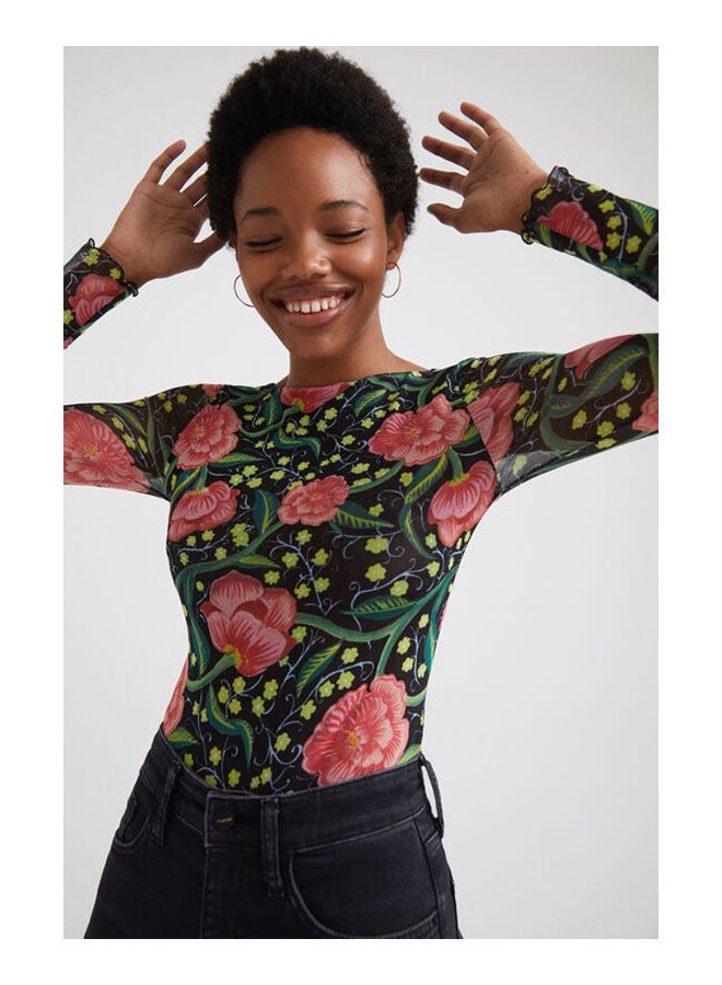 DESIGUAL - Casual Floral Long Sleeve Cowl Neck T_Shirt Black - Image 1