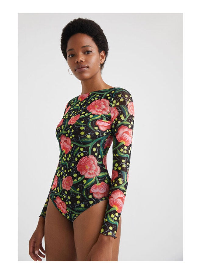DESIGUAL - Casual Floral Long Sleeve Cowl Neck T_Shirt Black - Image 1