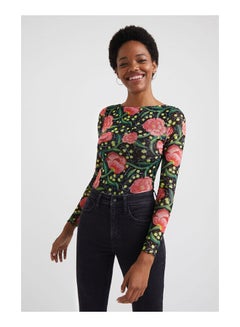 Casual Floral Long Sleeve Cowl Neck T_Shirt Black