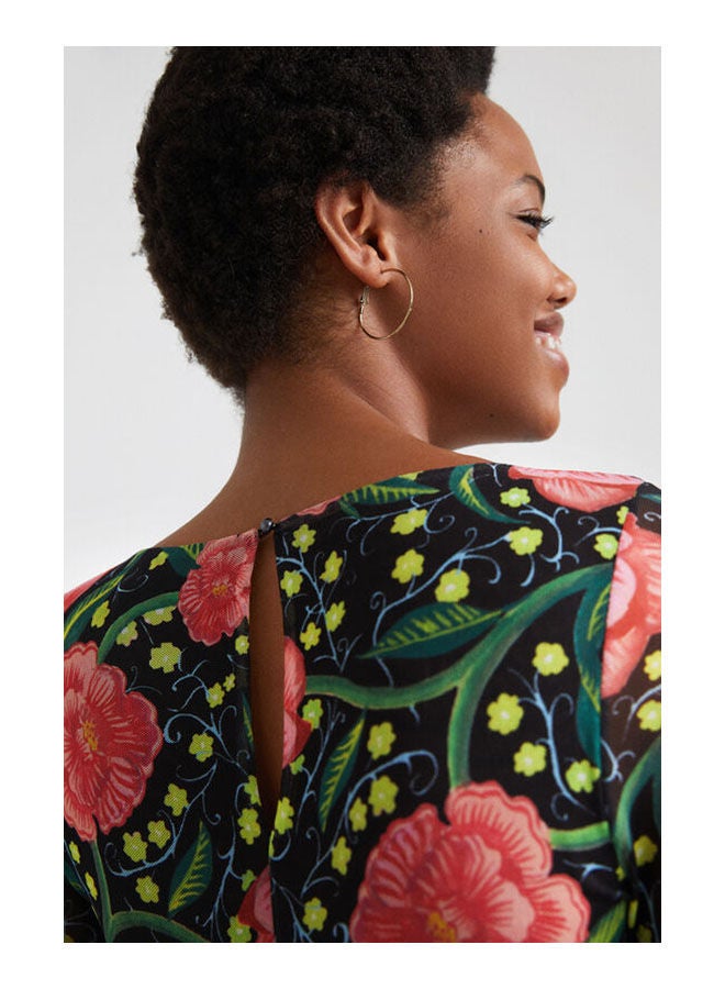 DESIGUAL - Casual Floral Long Sleeve Cowl Neck T_Shirt Black - Image 1