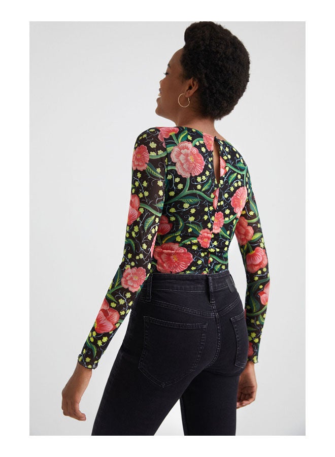 DESIGUAL - Casual Floral Long Sleeve Cowl Neck T_Shirt Black - Image 1