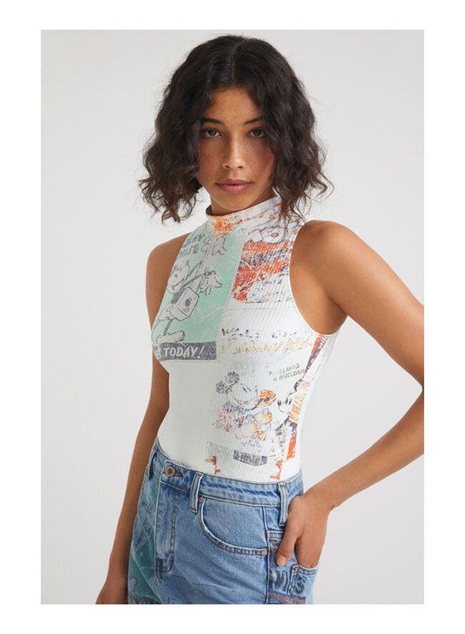 DESIGUAL Casual Printed Sleeveless High Neck T_Shirt White - Image 1